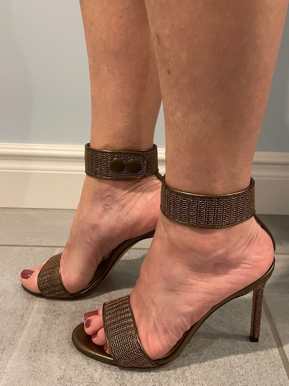 MANOLO BLAHNIK Brass Ankle Cuff High Heel Sandals